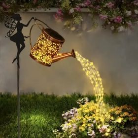 Ouddy Decor Fairy Garden Decor With Solar Watering Can, Metal Statues With Hanging Lanterns Waterfall Lights Silhouette Waterproof For Lawn Pathway De (Option: Warmlight1PCS)